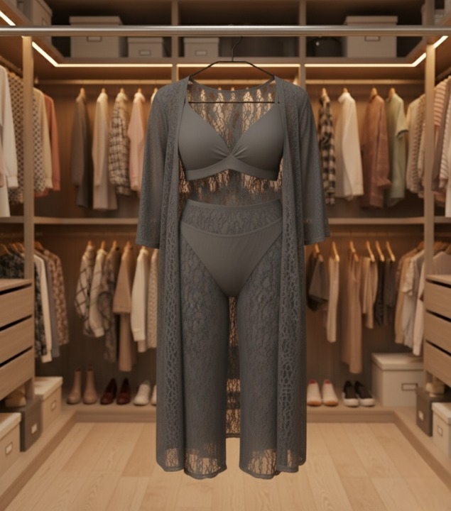 4-Piece Net Lace Nightwear Set – Free Size (Black, Maroon, Grey)